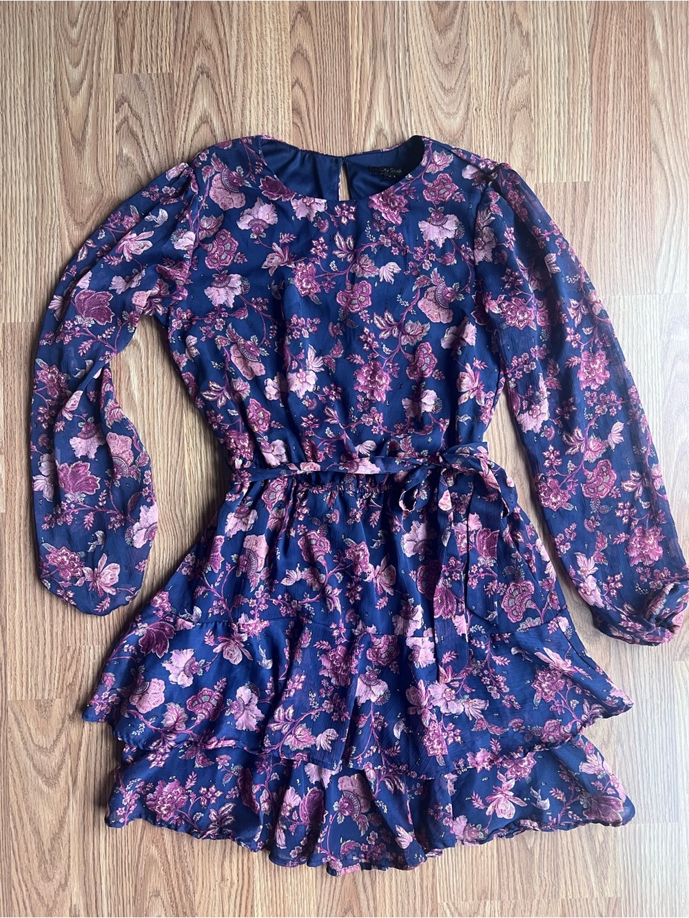 City Studio Navy Floral Long-Sleeve Tiered Mini Dress with Pink Accents
